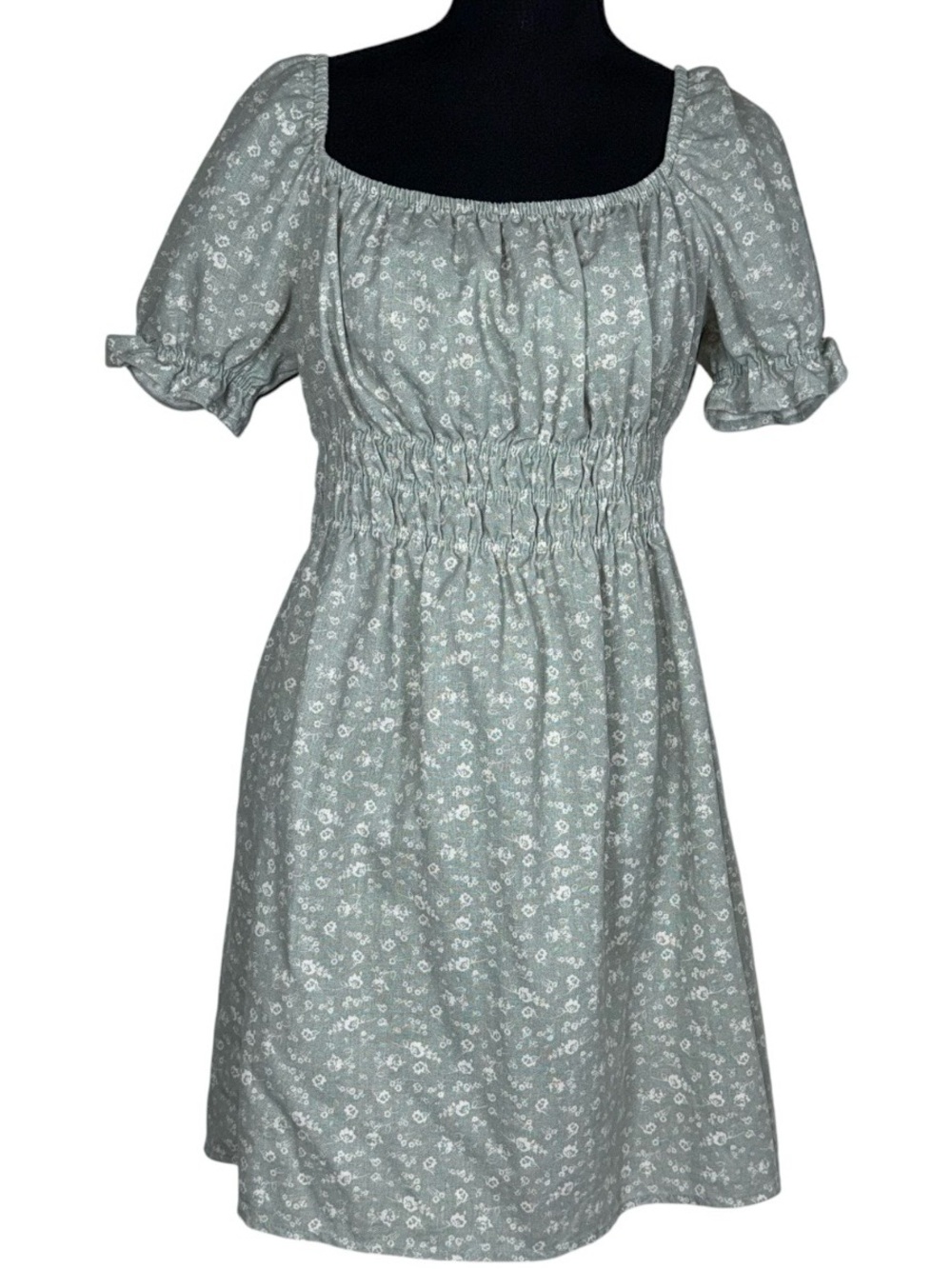 Sage Green Floral Linen Blend Mini Dress L Puff Sleeve Cinched Waist Cottagecore